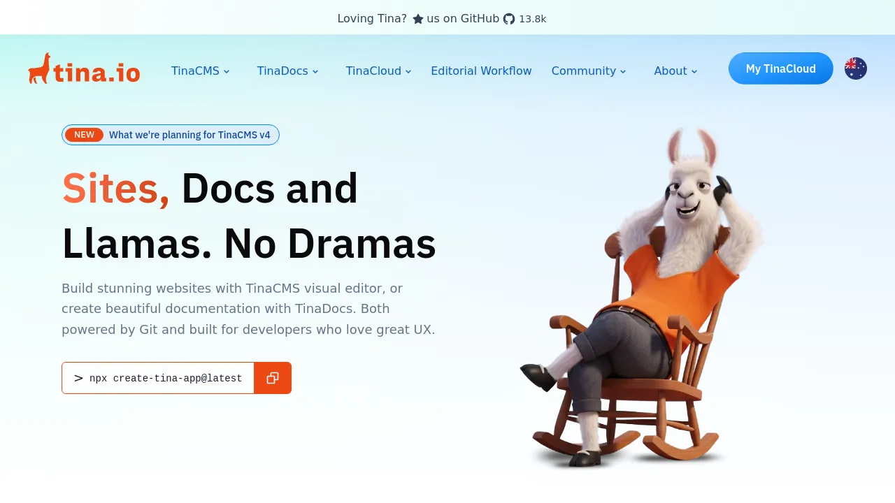 Screenshot of Tina website