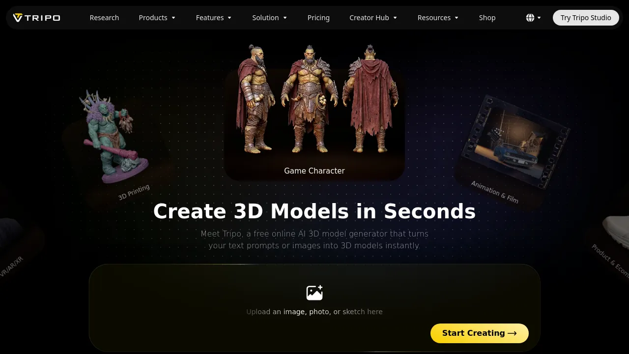 Screenshot of Tripo AI website