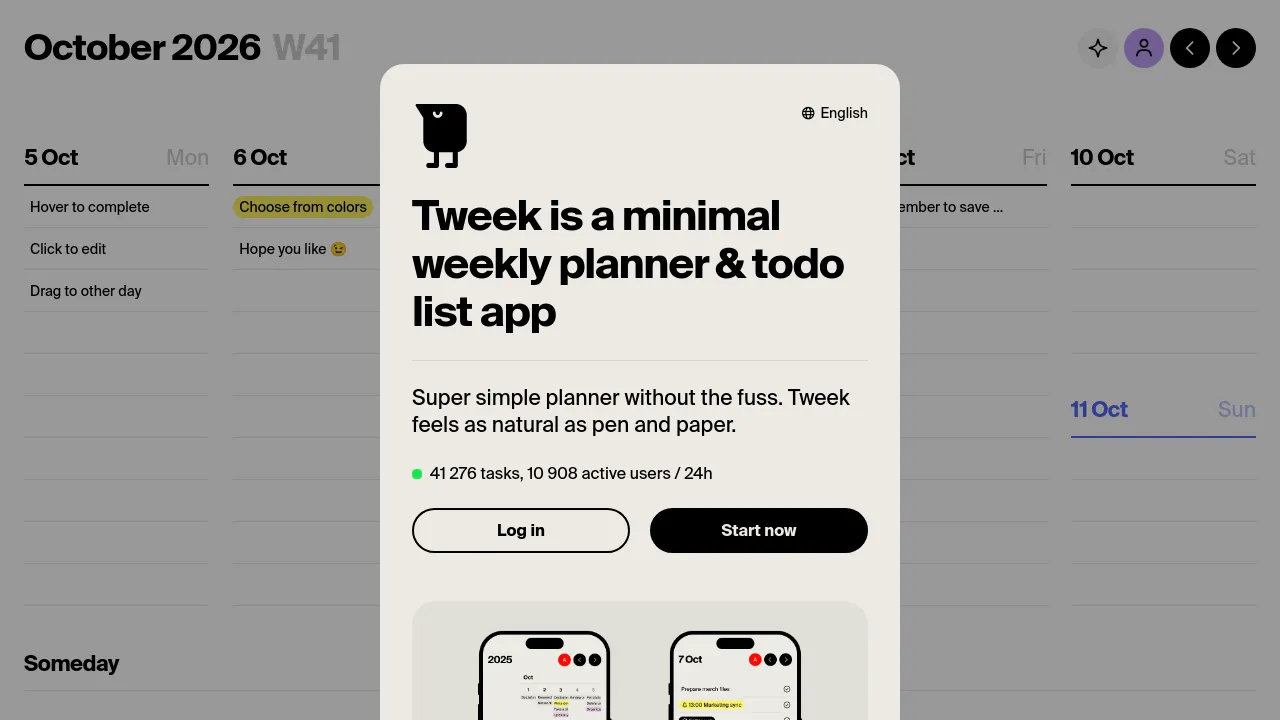 Screenshot of the Tweek Calendar website