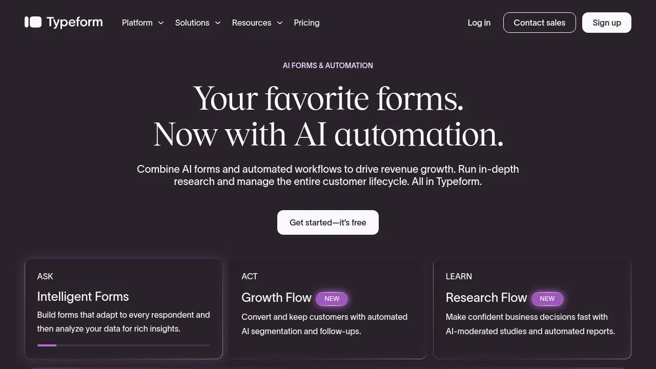 Screenshot of the Typeform website