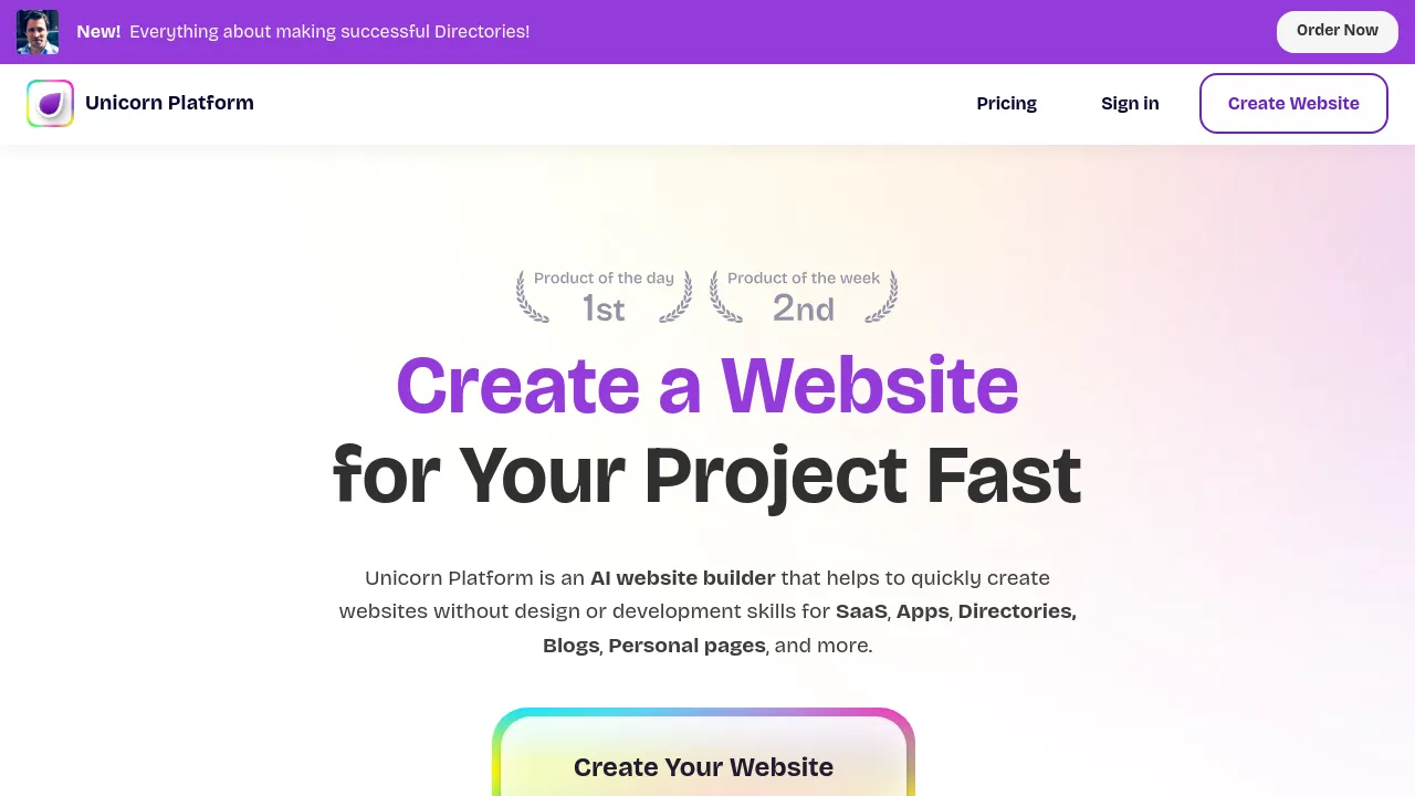 Screenshot of Unicorn Platform website