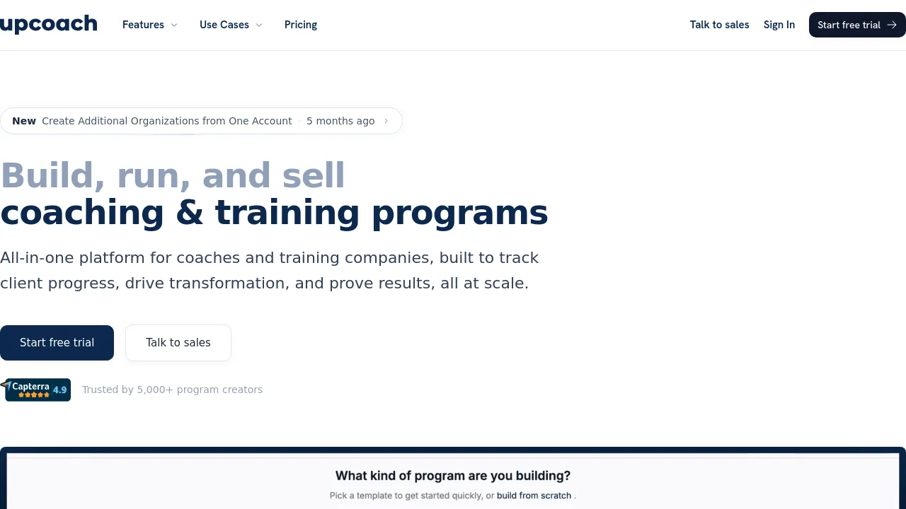 Screenshot of upcoach website