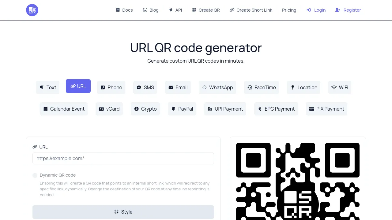 Screenshot of URL QR code generator website