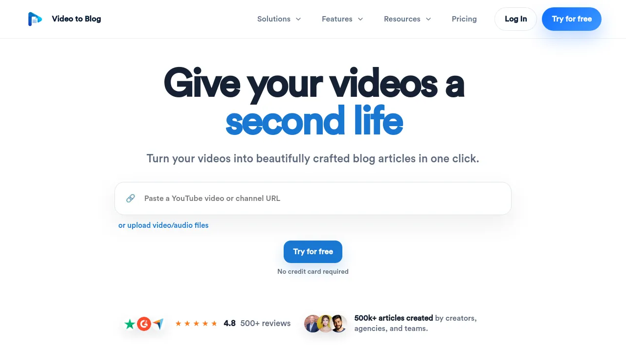 Screenshot of Video to Blog website