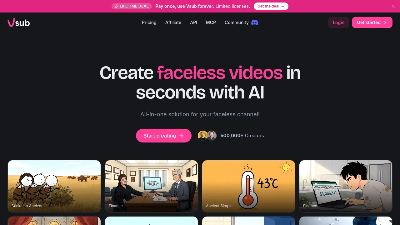 Screenshot of Vsub website