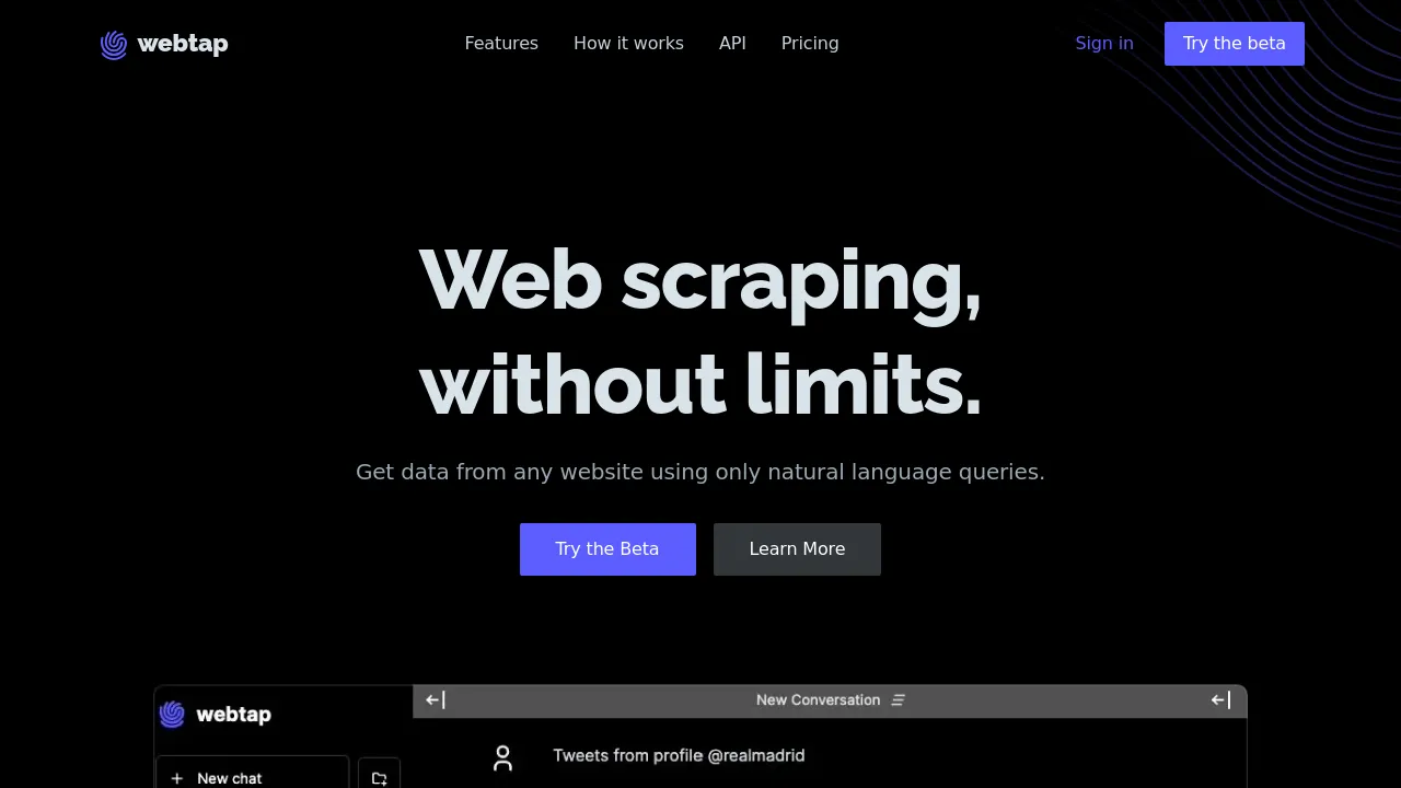 Screenshot of webtap website