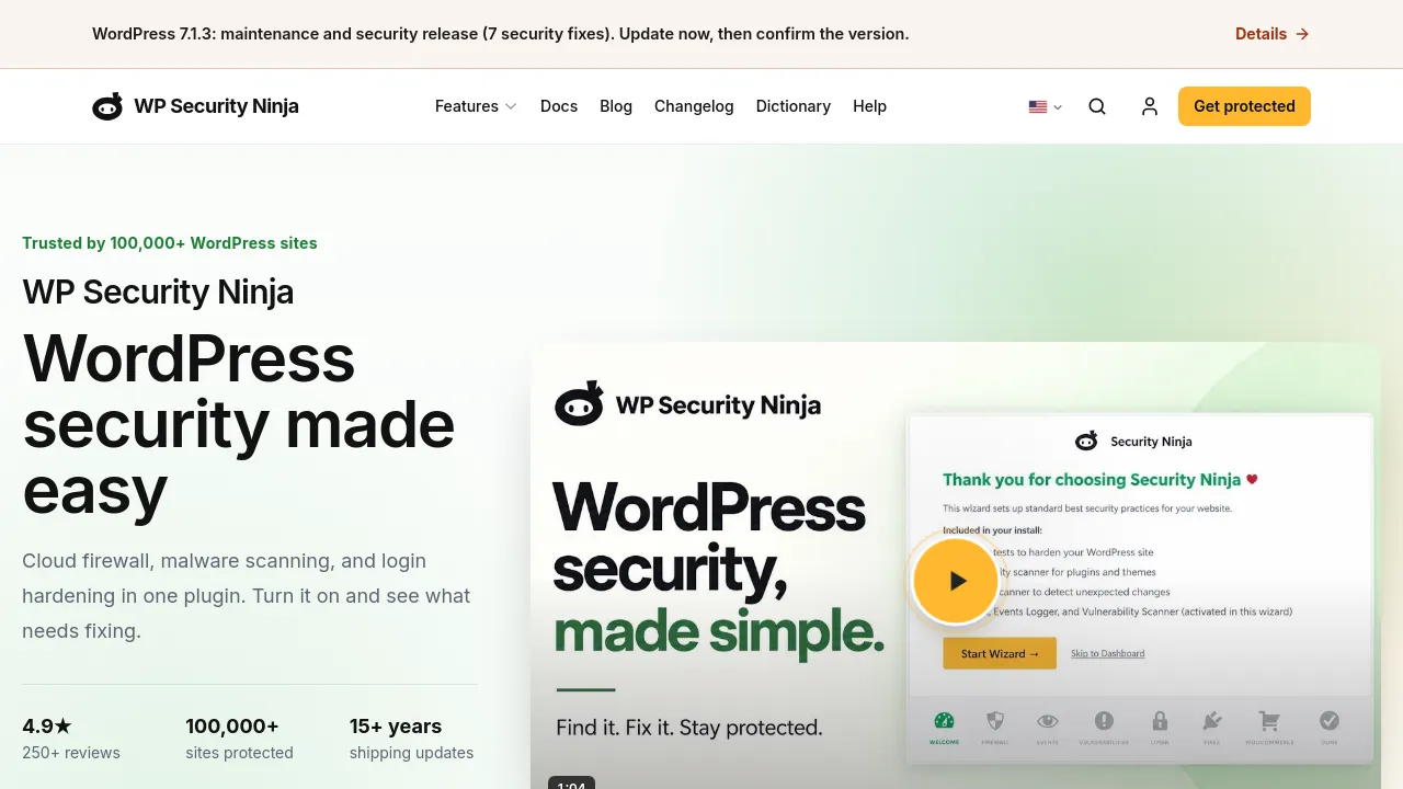 Screenshot of the WP Security Ninja website
