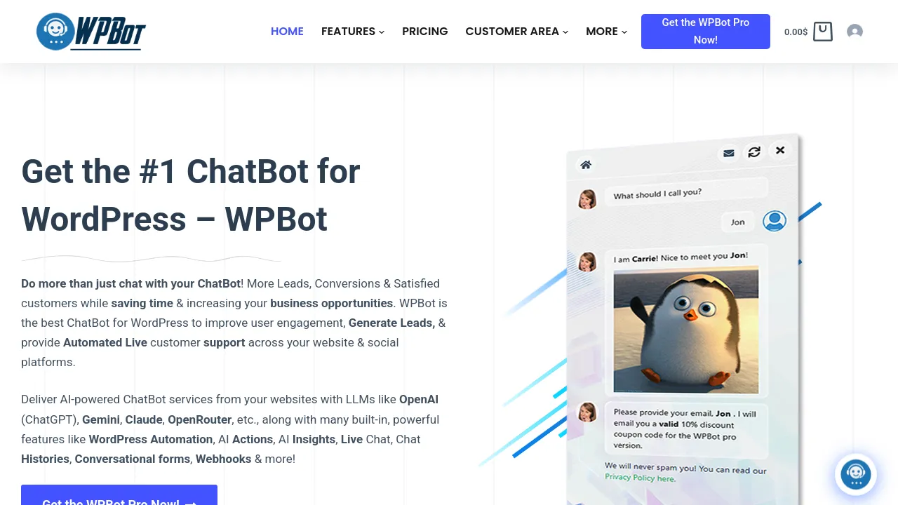 Screenshot of WPBot website