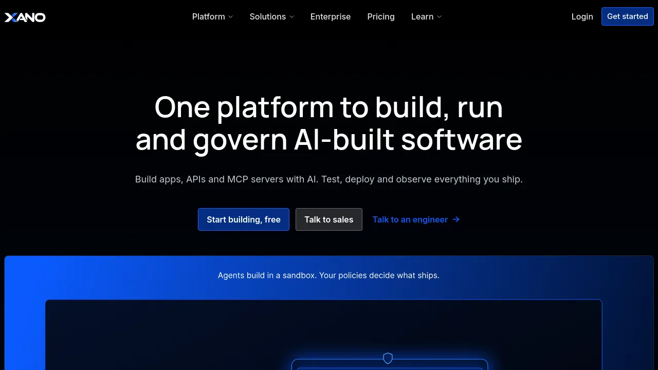 Screenshot of Xano website
