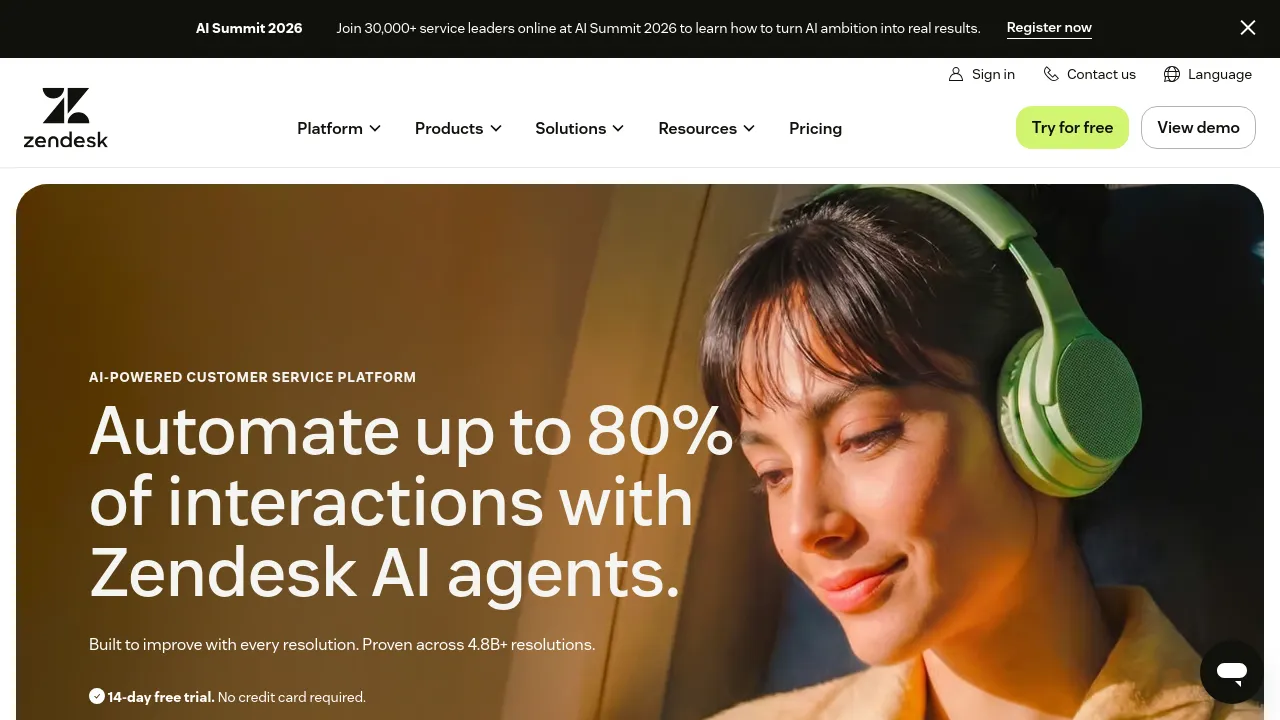 Screenshot of Zendesk website