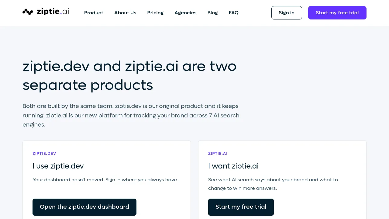 Screenshot of ZipTie website